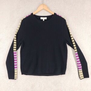 Womens M Black Knit Crewneck Sweater Striped Sleeve Purple Lime Tan Casual